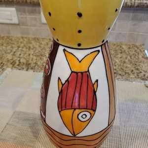 Whimsical Studio Nova Ceramic Vase Pattern Fish Catch Orange Yellow Red 11" High